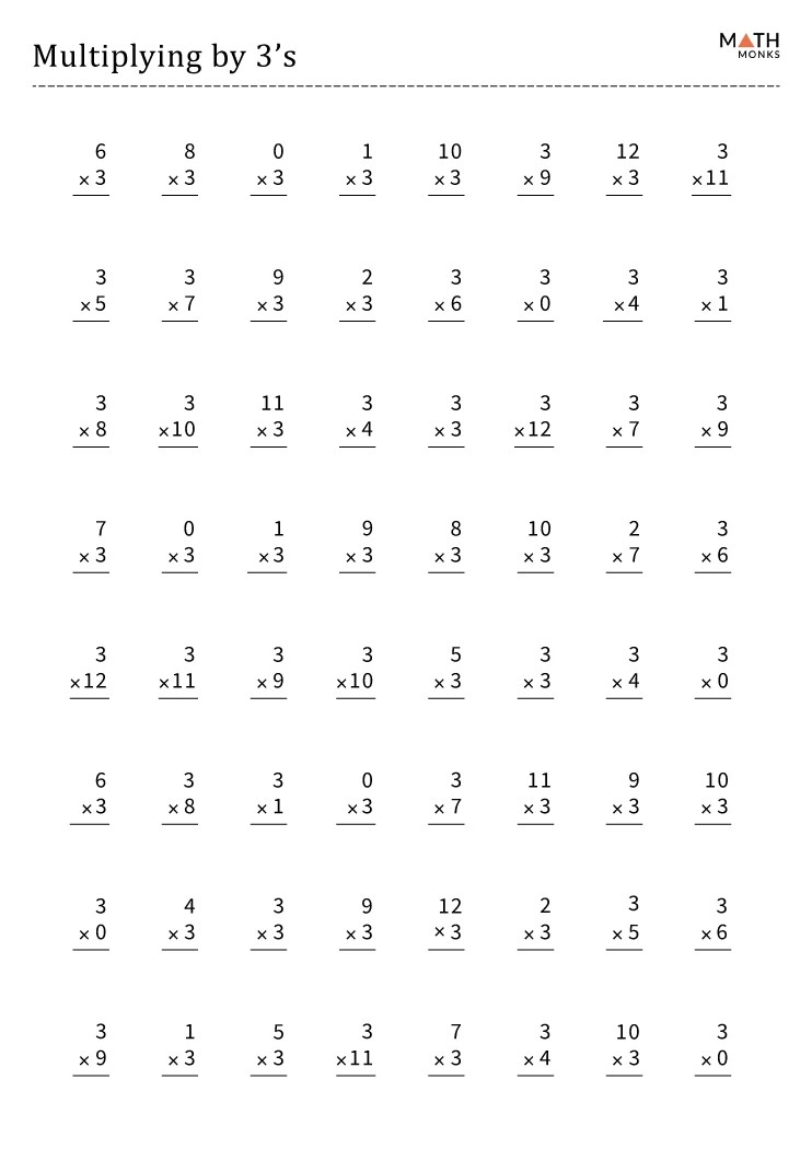 multiplication by 3 worksheets math monks