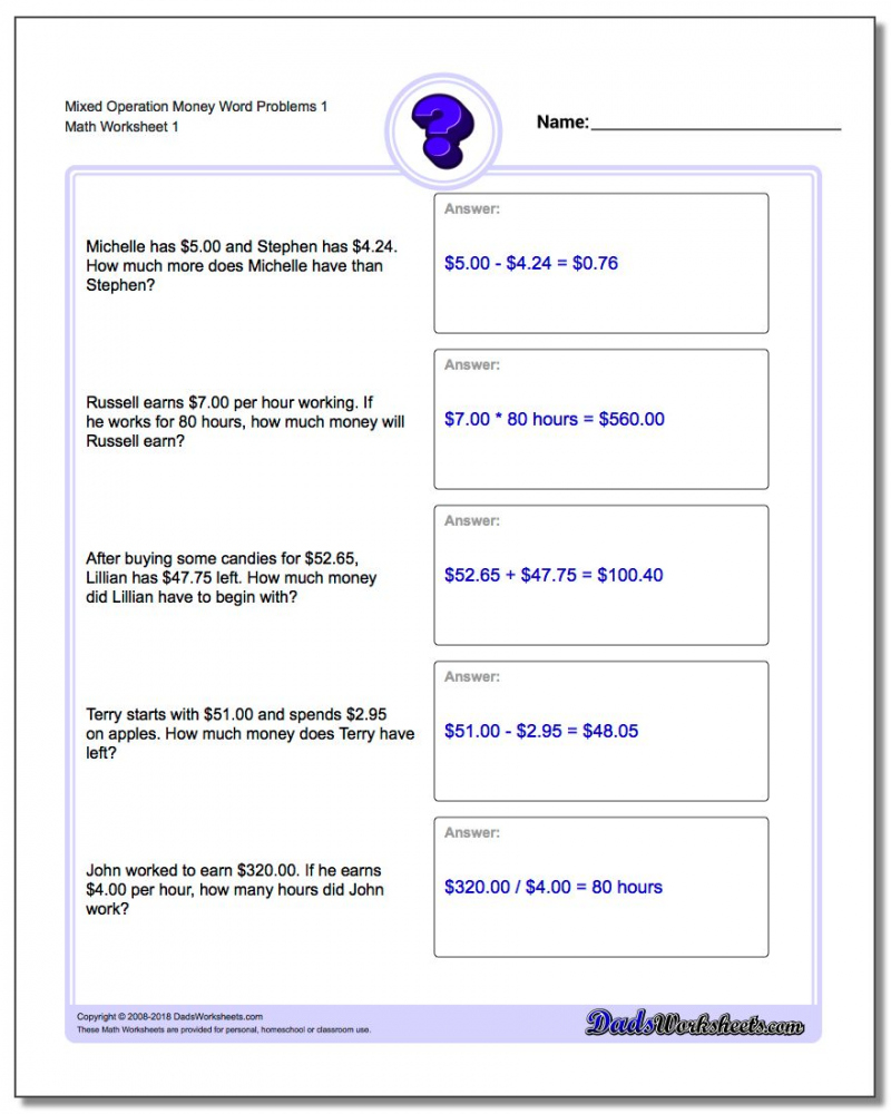 free printableh word problems for 5th graders with answers math
