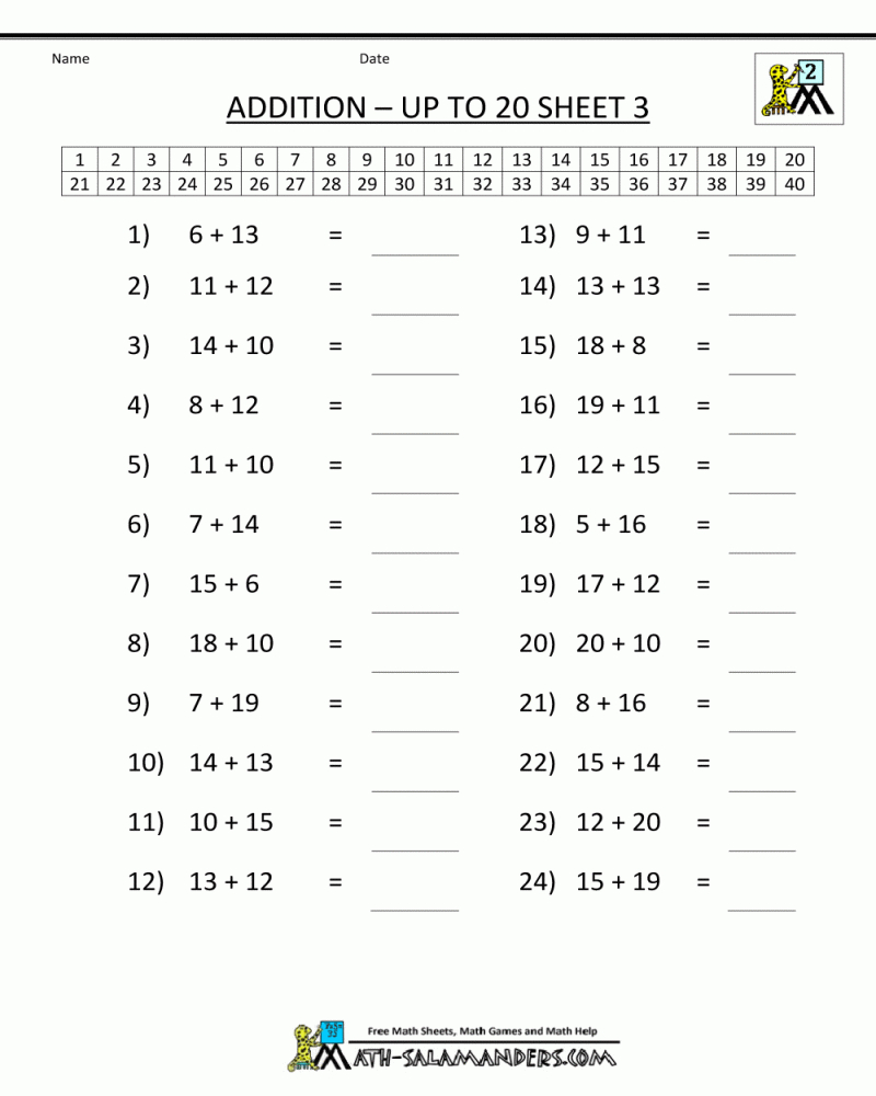 1 20 addition worksheets math worksheets printable