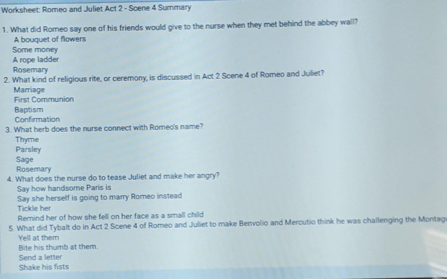 Romeo and juliet is widely regarded as one of william shakespeare's greatest works. Solved Worksheet Romeo And Juliet Act 2 Scene 4 Summary 1 Chegg Com