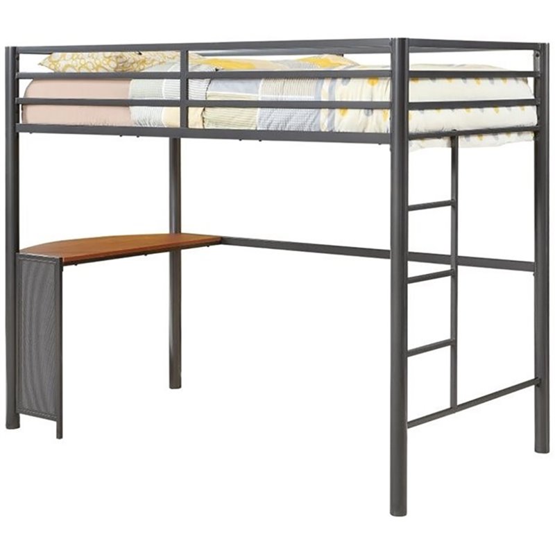 Metal loft bed is finished in black. cymax stores