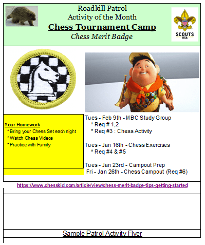 Here are some of the educational resources we have used to delivering this training: Chess Merit Badge Activity Planner Scoutwiki