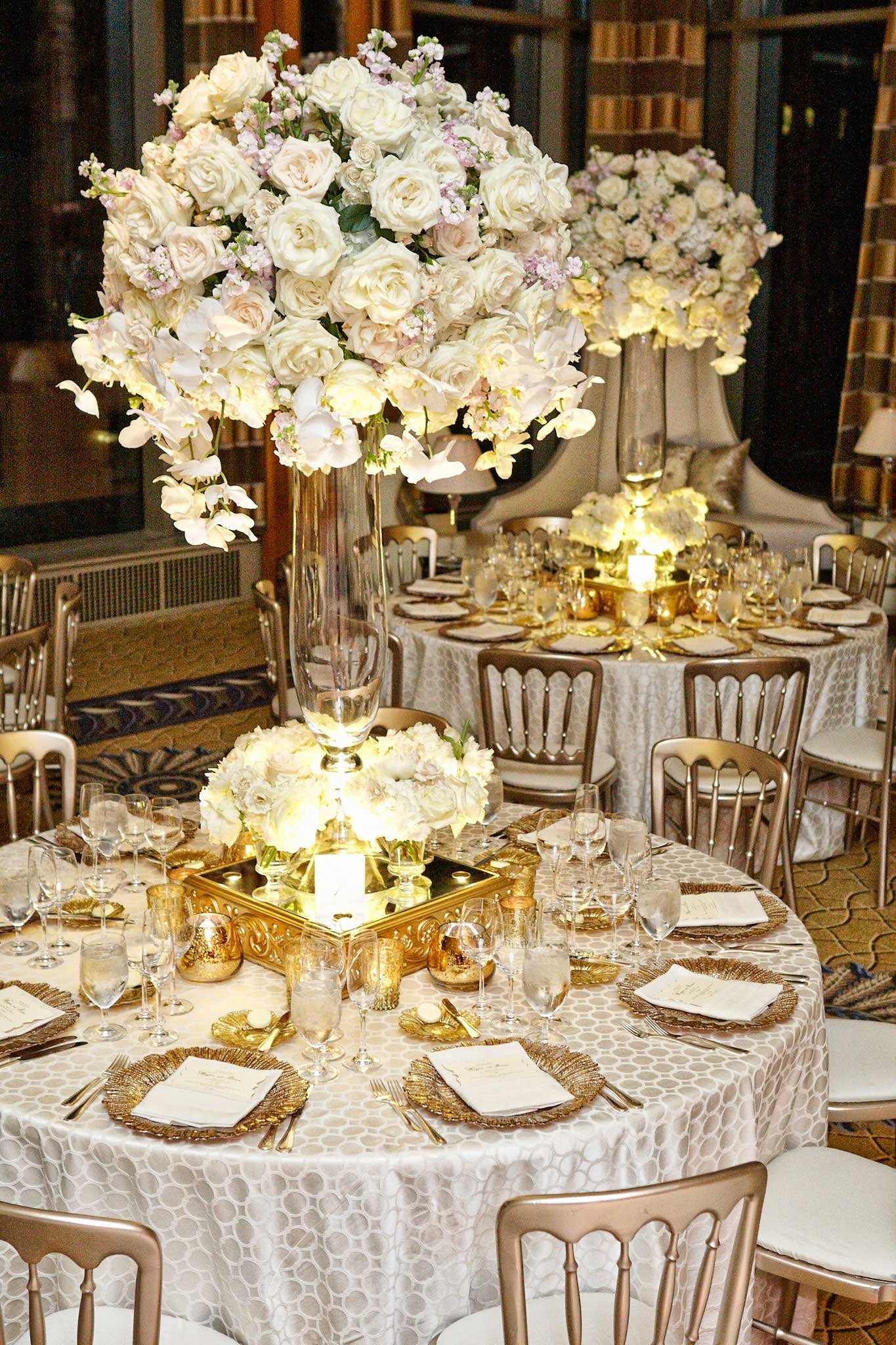 Red and gold wedding decorations red gold and ivory wedding wedding colors. Tablescape with White Flower Centerpieces and Gold Details
