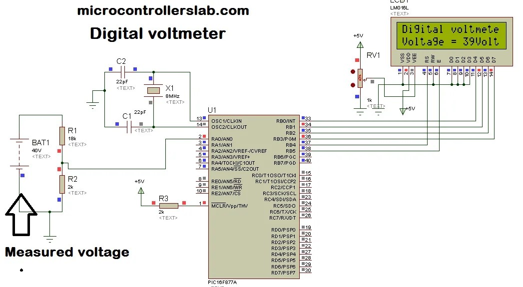 Digital voltmeter using pic microcontroller project and circuit
