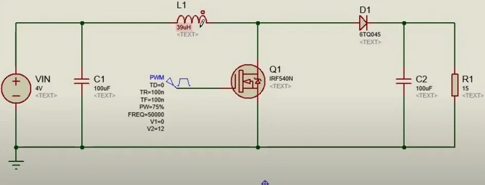 The circuit consists of an inductor, a capacitor, a diode and a switch (transistor) that are turned on and off by a pulse width modulated (pwm) signal. Boost Converter Proteus Simulation Example with Circuit