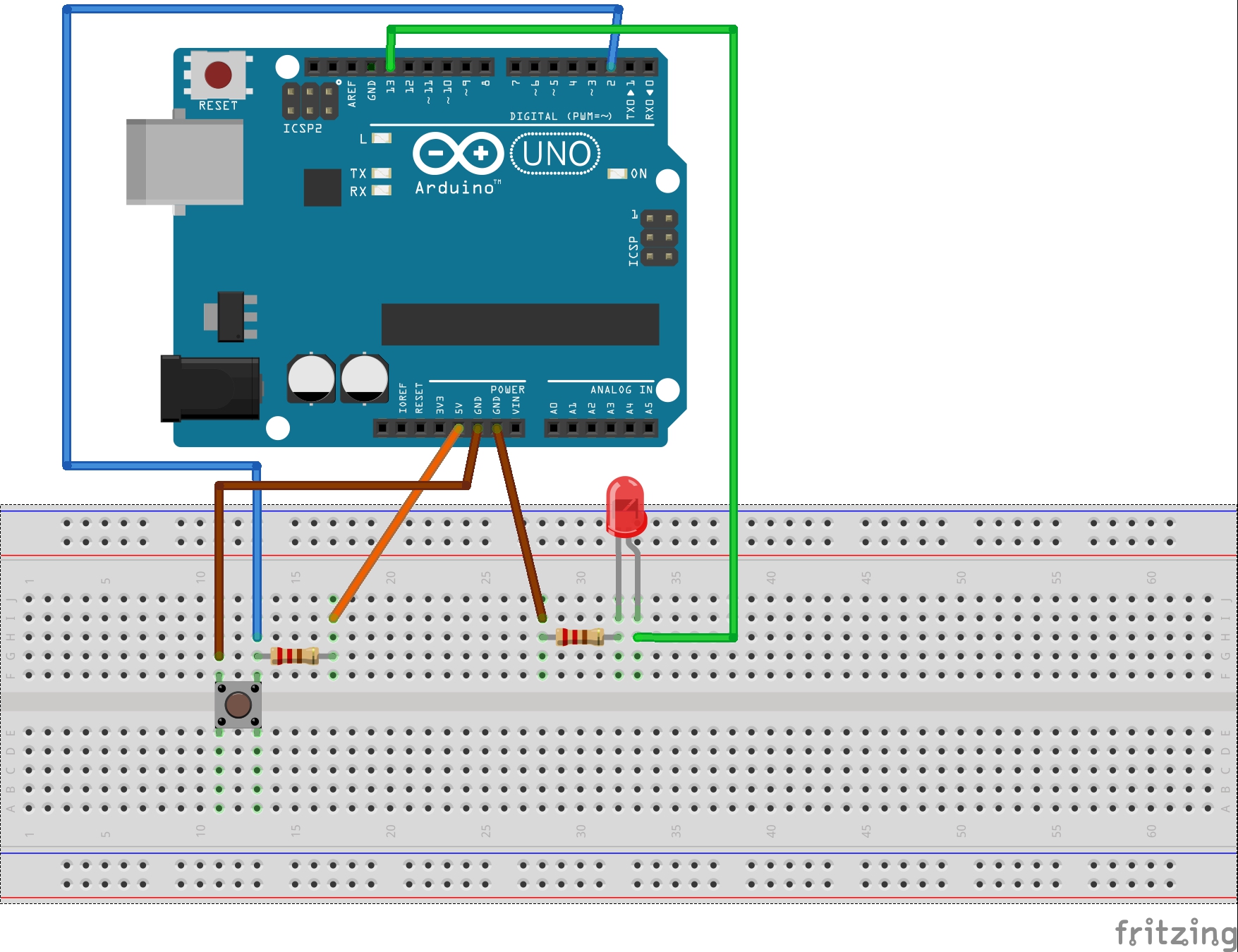 Belajar mengontrol on /off led mengunakan push button – belajar arduino