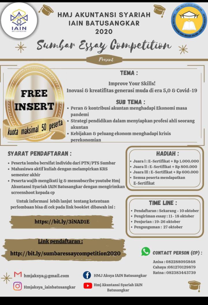 HMJ Akuntansi Syariah IAIN Batusangkar Gelar Essay Competition se-Sumbar,  Hadiahnya Jutaan Loh! | Minang Global