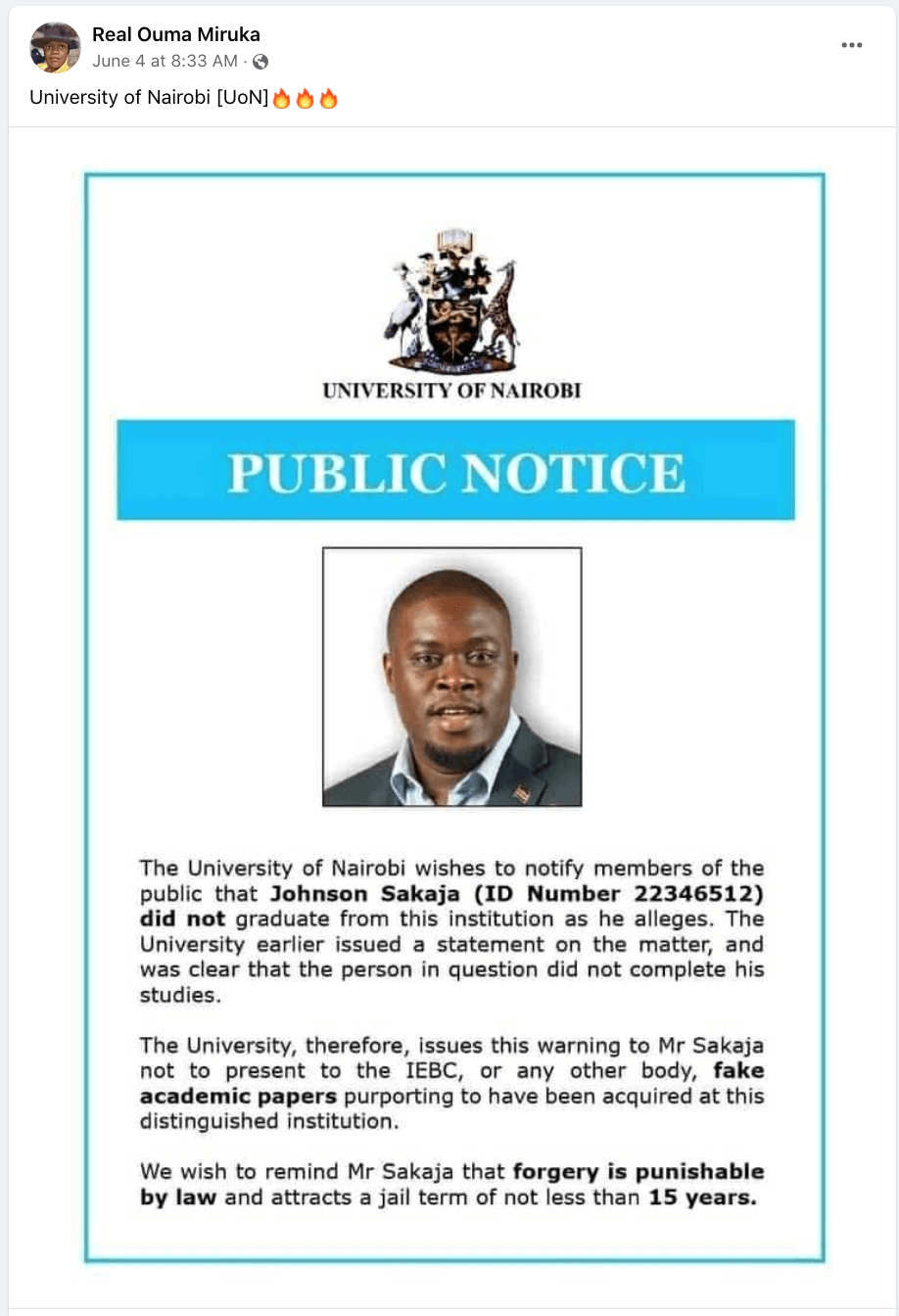 Embattled nairobi gubernatorial aspirant johnson sakaja has continued with his onslaught against the 'deep state' over an alleged plot to . Fake This University Of Nairobi Public Notice About Johnson Sakaja S Academic Credentials Is Fabricated By Pesacheck Jun 2022 Pesacheck