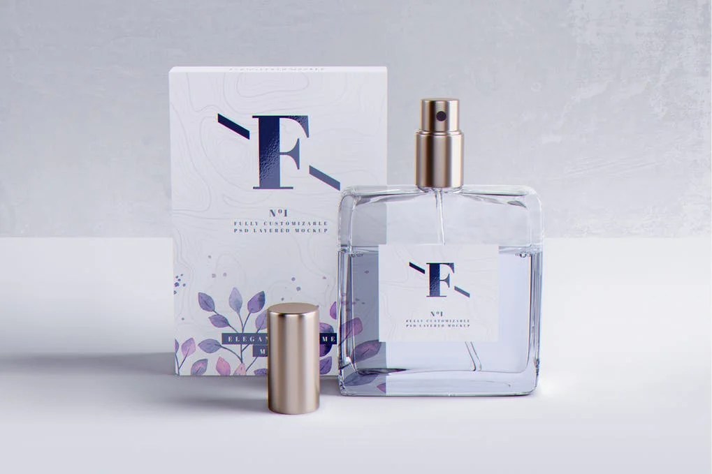 Freebie psd format perspective mockup provided by mockup plus which showcases a floating bottle of perfume and its packaging. 20 Beautiful Perfume Packaging Mockup Psd Templates