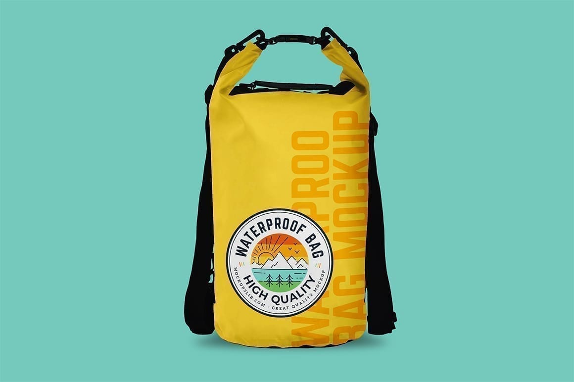 Mockup of a tote bag hanging from a wooden stair. Waterproof Bag Mockup Mockupslib