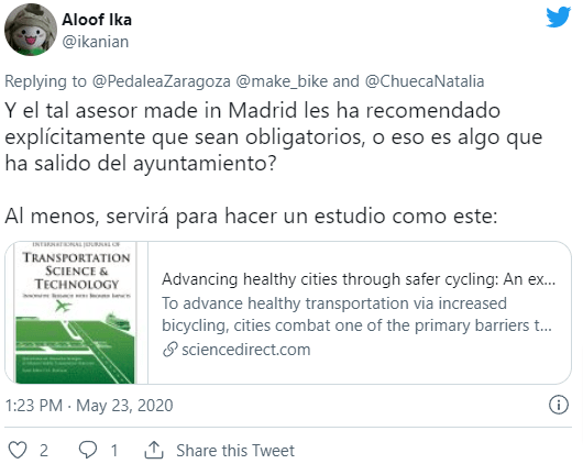 Captura de tweet de PlumX. Cuenta Española comparte el estudio de Chicago sobre sharrows.