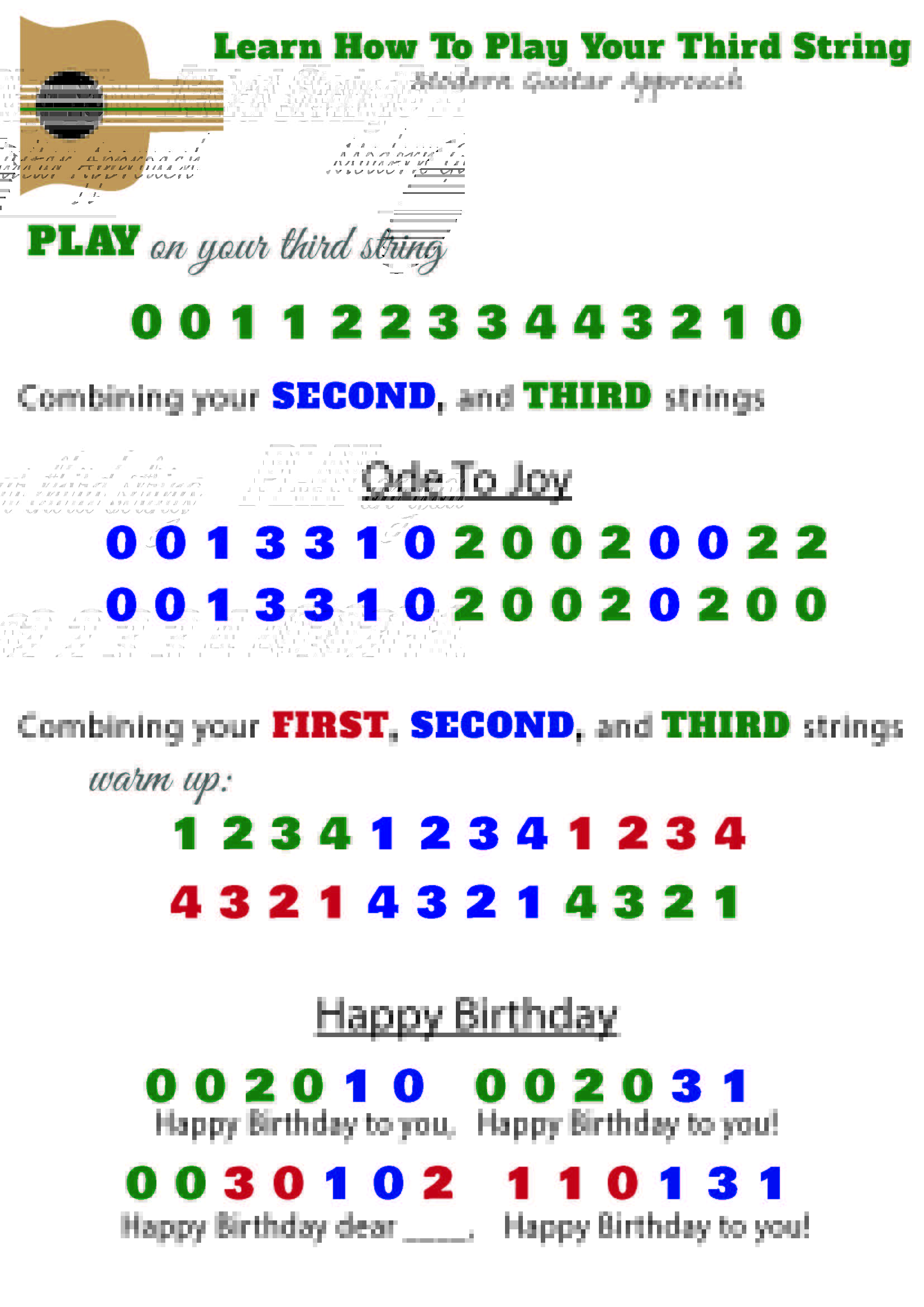 The third string is identified with the green color. This page introduces the first string, teaches Ode to Joy - a song that connects the third and second strings, gives a great warm up for all three strings, and teaches Happy Birthday - a song that connects all three strings. #learnguitar Modern Guitar Approach
