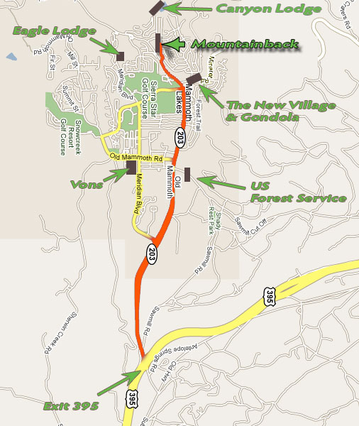 Map of Mammoth Lakes from US 395 Mountainback 72