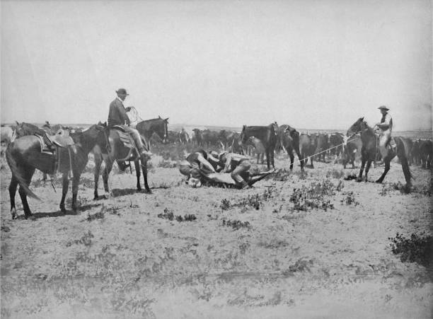 Inspecting a Brand on the Prairies', circa 1897. From "A Tour Through the New World America", by Prof. Geo. R. Cromwell. [C. N. Greig & Co., London, circa 1897]. Artist Unknown. (Photo by The Print Collector/Getty Images)