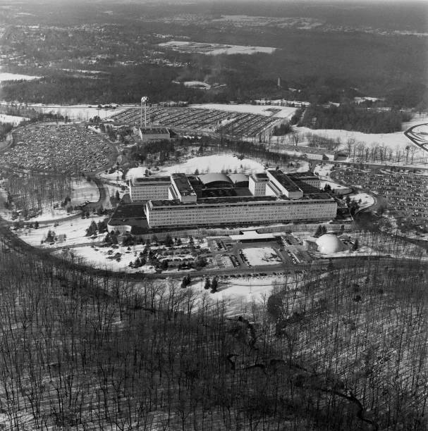 An aerial view of the headquarters of the CIA (Central Intelligence Agency) in Langley, Virginia, USA, circa 1970. The building was later renamed the George Bush Center for Intelligence in 1999.
Photo Credit: Pat Young/Pix/Michael Ochs Archives/Getty Images