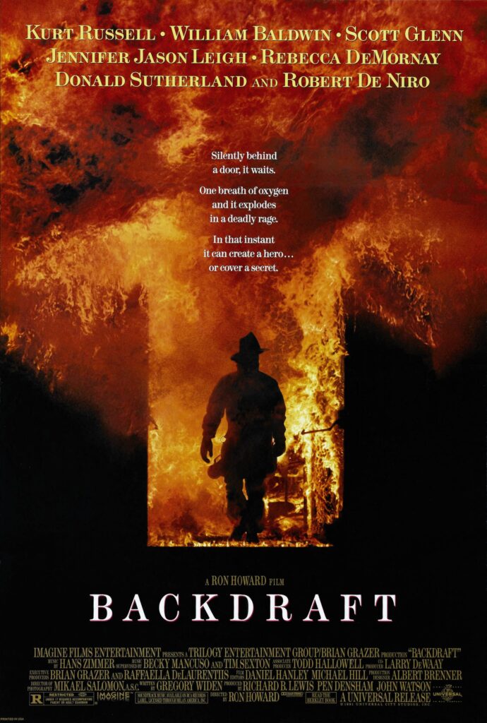 Directed by Ron Howard, and Written by Gregory Widen, and Produced by Richard B. Lewis, John Watson, and Pen Densham, Starring: Kurt Russell, William Baldwin, Scott Glenn, Jennifer Jason Leigh, Rebecca De Mornay, Donald Sutherland, Robert De Niro, with Cinematography by Mikael Salomon, and Edited by Daniel P. Hanley, and Mike Hill, with Music by Hans Zimmer, and Production companies: Imagine Films Entertainment, and Trilogy Entertainment Group, and Distributed by Universal Pictures (1991)