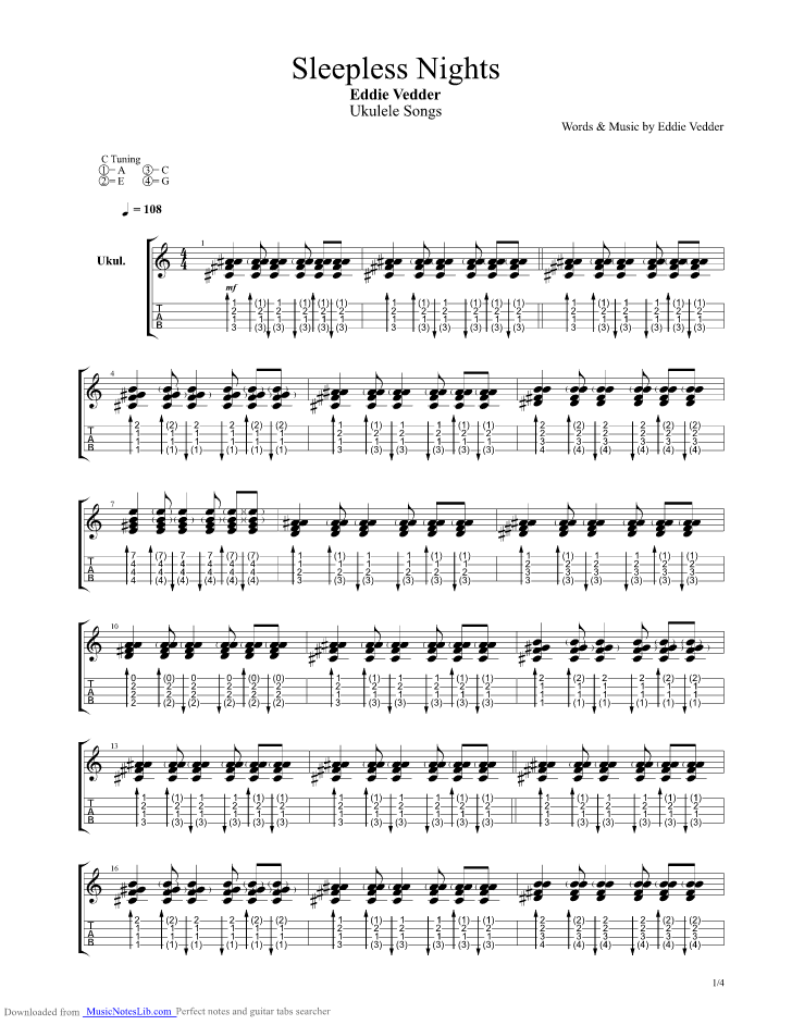 With reviews, tags and populariy. Sleepless Nights guitar pro tab by Eddie Vedder