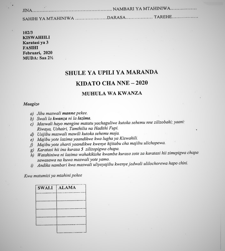 Maranda High School Kiswahili Paper 3 MidTerm 1 Form 4 2020 Past Paper