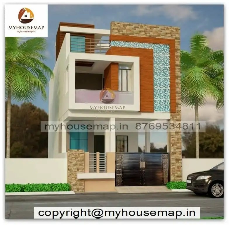 duplex front elevation design with car parking and cream color tiles
