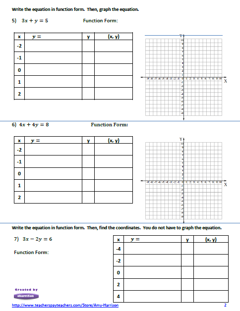 My Math Resources - Linear Equations Worksheet – Create a Table of ...