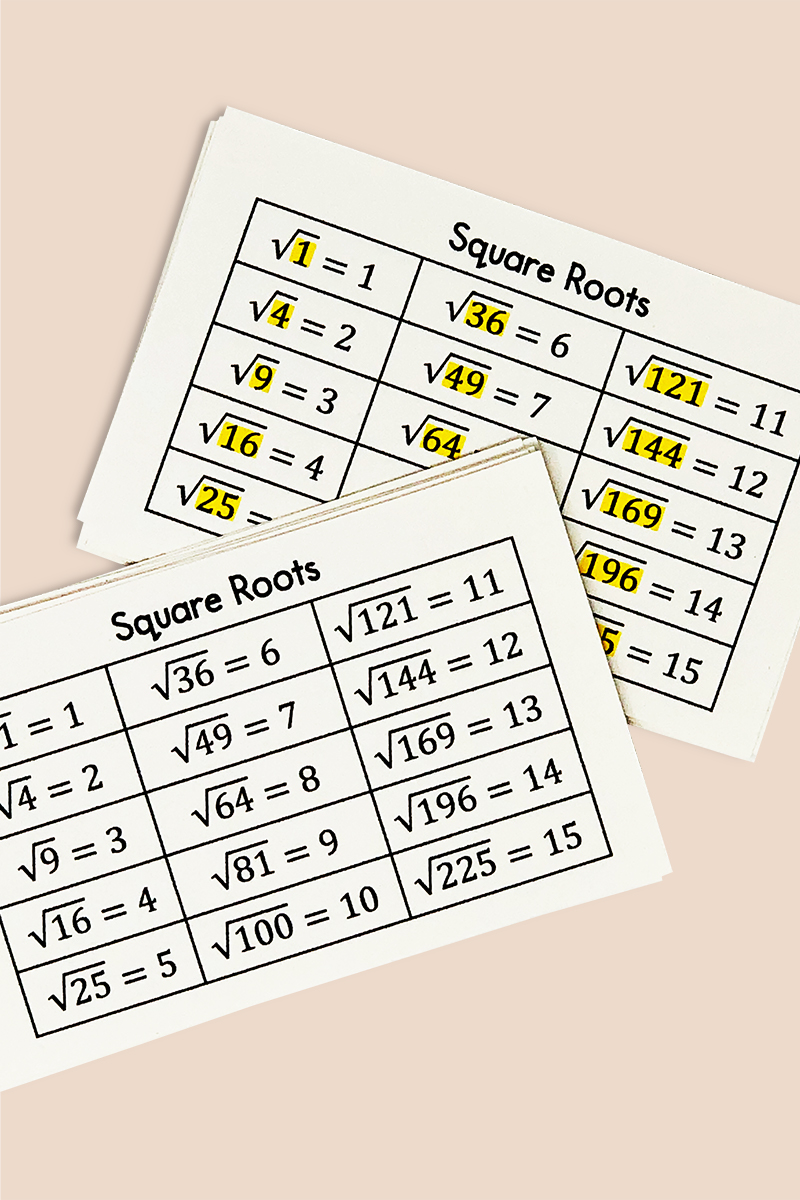 It can be very overwhelming to work with square roots of non-perfect squares.  Use this square roots reference card and perfect squares sheet to help your students as they begin working with squares and square roots.