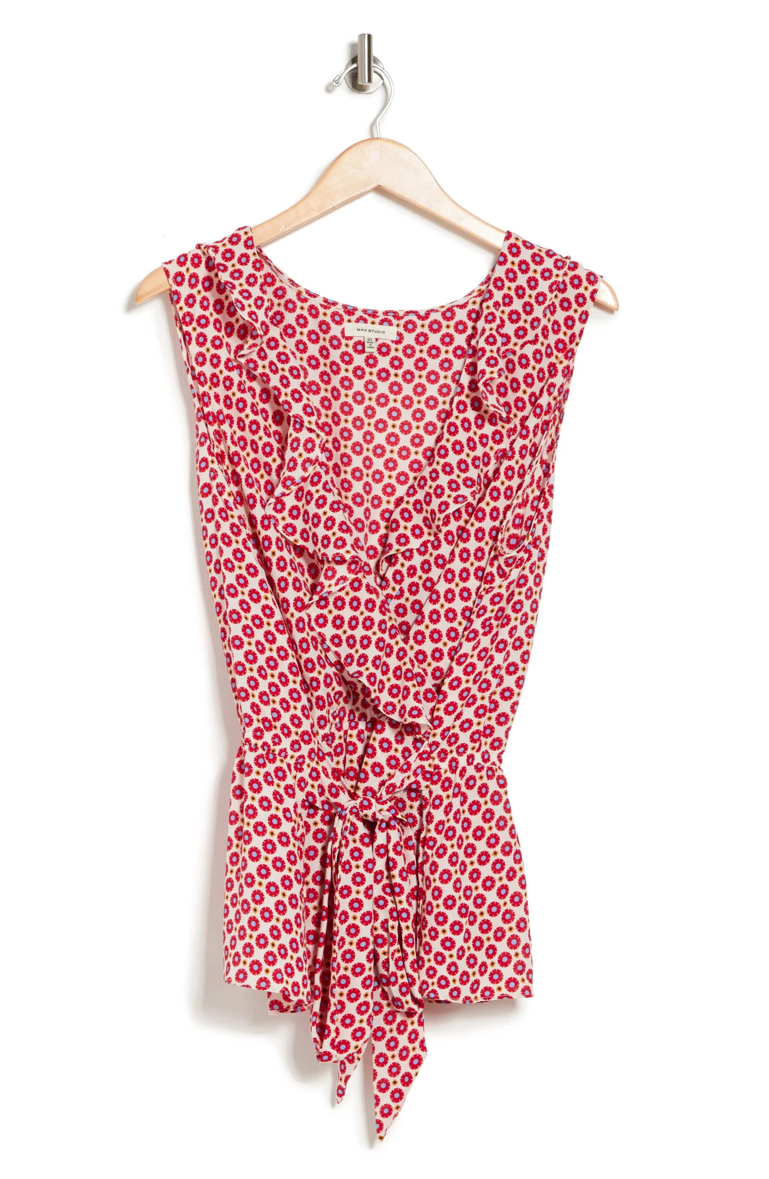 Max Studio Sleeveless Wrap Top In Ivory Red Geo Floral Mix Modesens
