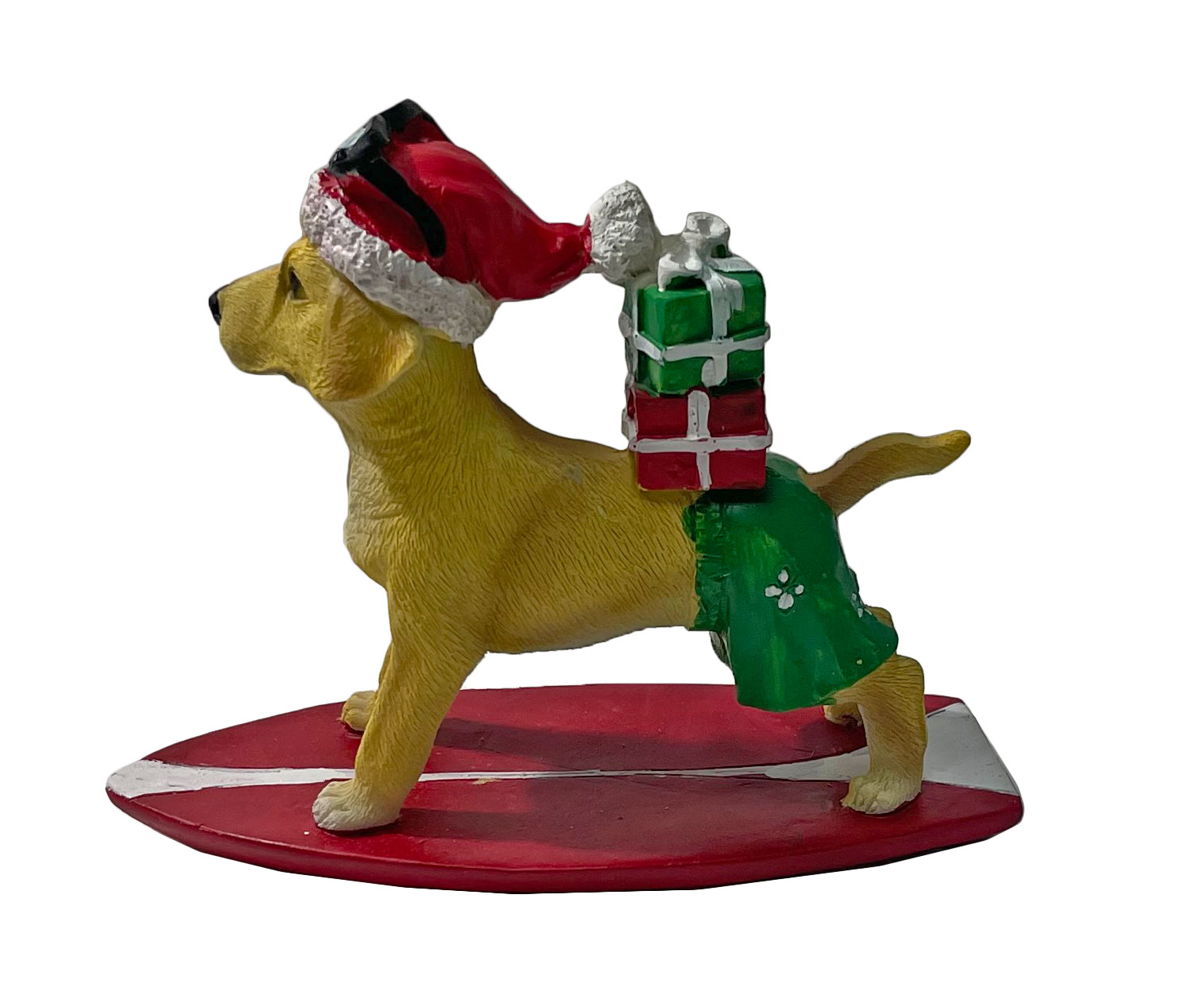 Surfing Dog with Santa Hat and Gifts 