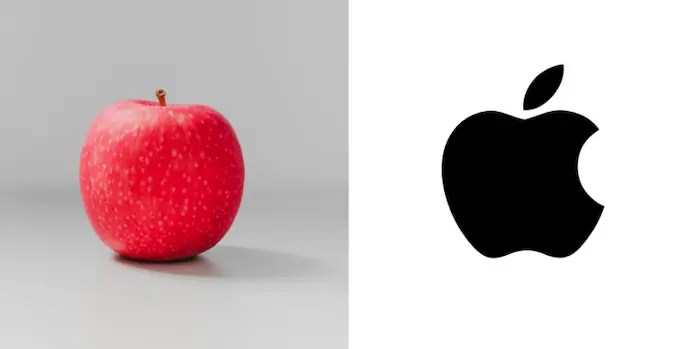 A side-by-side comparison illustrating entity disambiguation. On the left is a realistic photo of a red apple fruit; on the right is the minimalist black logo of Apple Inc., the technology company.
