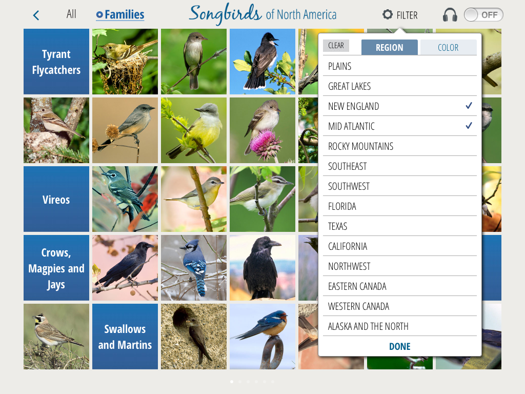 A basic search feature that limits birds to a specific region or plumage color
