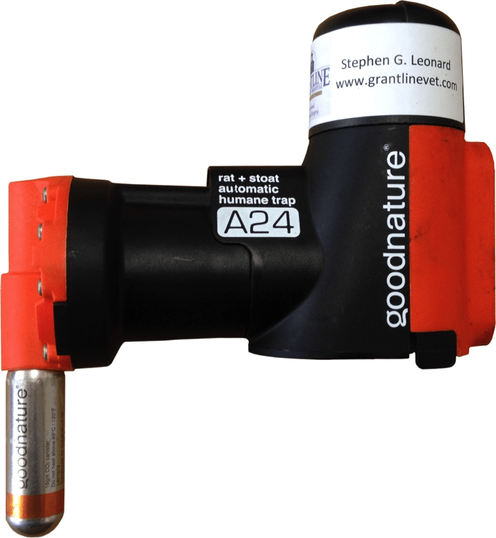 Humane Goodnature® trap. Rodents crawl into the open end of the tube, and trigger a CO2 powered piston that instantly dispatches them. The carcass slides out of the tube and the trap resets itself for another fire.