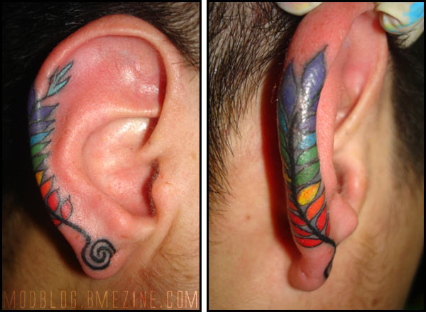 Tattooed Rainbow Ear Feather | Bme: Tattoo, Piercing And Body Modification News 440_x_600_jpg