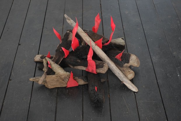 Sculpture that resembles small fire on wooden floor.