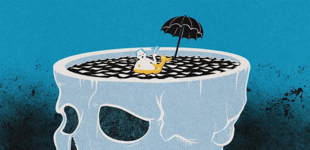 Un crâne ouvert au sommet sert de piscine à un homme qui se baigne dans une bouée canard, le tout sur fond bleu tirant vers le noir.
