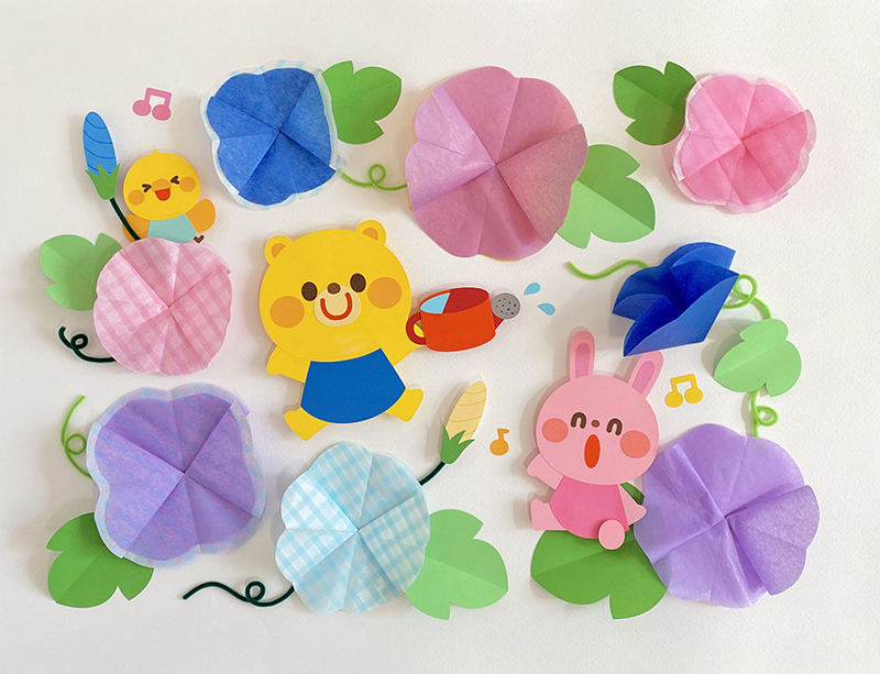 7月の壁面『あさがおが咲いたよ』 | イラストレーター イシグロフミカ