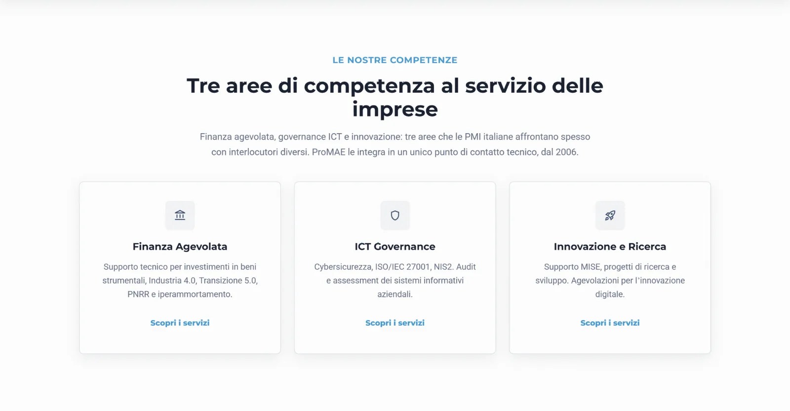 Le tre aree di competenza di ProMAE