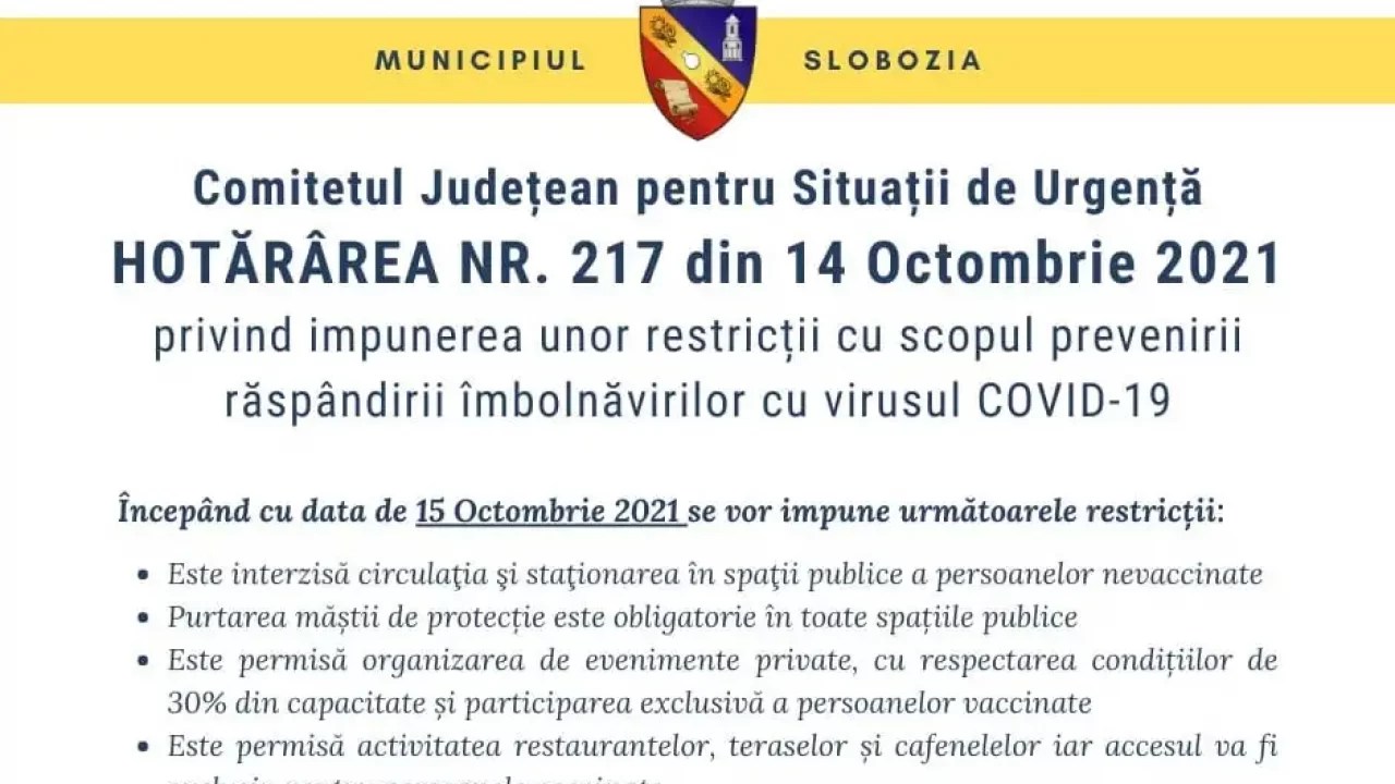 Slobozia CirculaÅ£ia In SpaÅ£ii Publice A Persoanelor Nevaccinate PermisÄ Numai Cu DeclaraÈie Pe Propria RÄspundere Incepand Cu 15 Octombrie