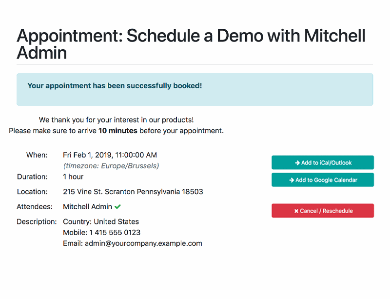 Let clients book appointments directly onto your google calendar. Odoo Appointments