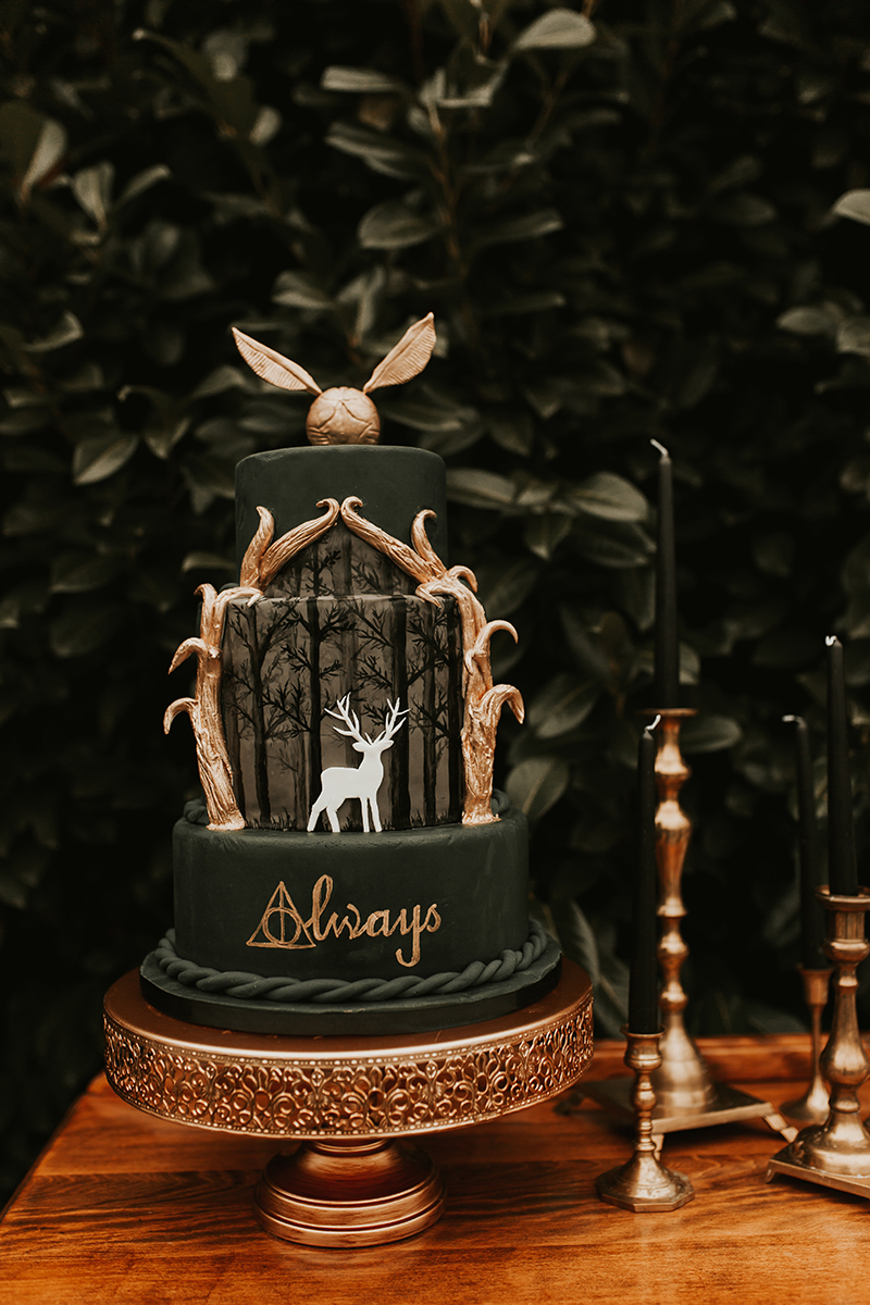 Floating Candles Cloaks A Patronus Cake At This Mystical Harry Potter Inspired Wedding Inspiration Offbeat Bride