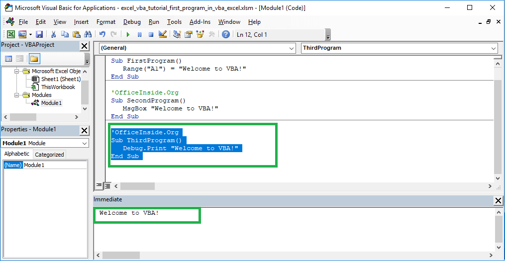 How to write first program in VBA Excel
