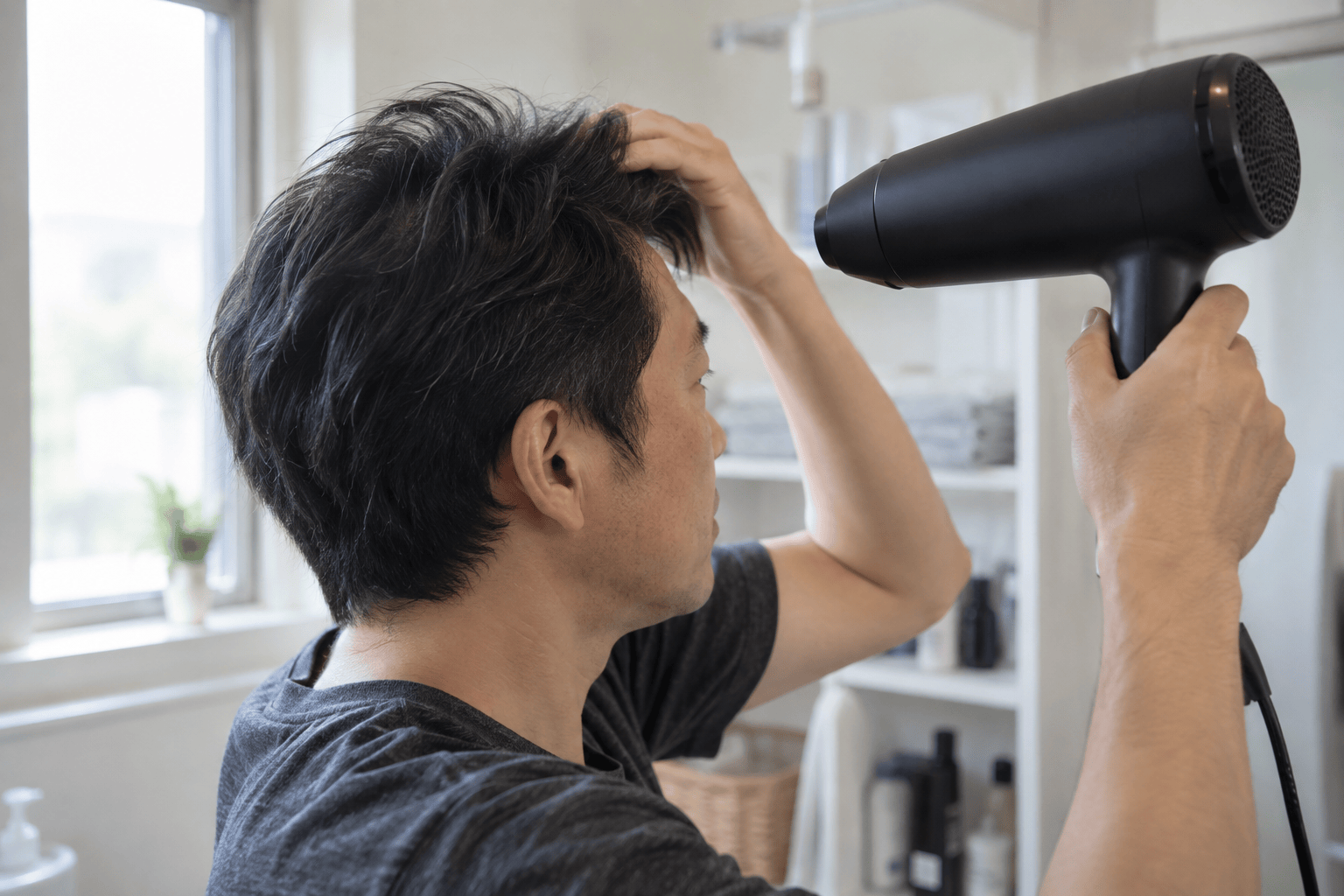 ドライヤーと手ぐしでトップの形を整える男性のイメージ