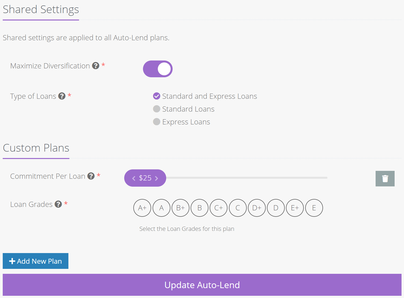 Lending Loop Auto-lend Settings