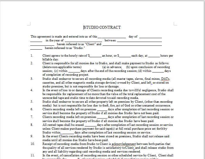 Learn how to write up music producer agreements and music split sheets. Studio Contract Onlinemusiccontracts Com