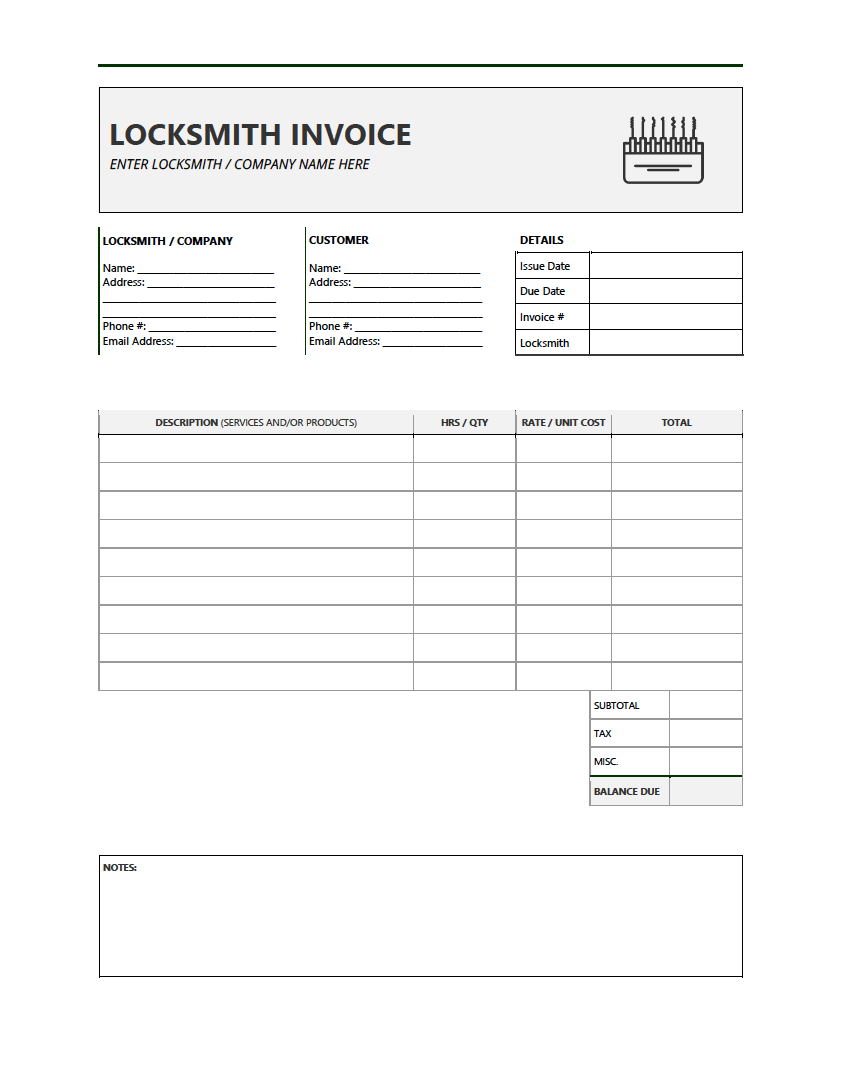 free locksmith invoice template pdf word excel