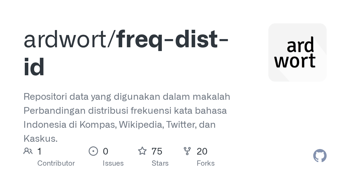 GitHub - ardwort/freq-dist-id: Repositori data yang digunakan dalam makalah  Perbandingan distribusi frekuensi kata bahasa Indonesia di Kompas,  Wikipedia, Twitter, dan Kaskus.