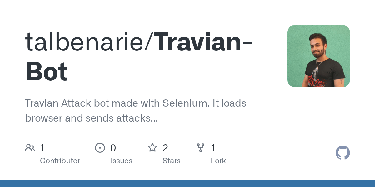 GitHub - talbenarie/Travian-Bot: Travian Attack bot made with Selenium. It  loads browser and sends attacks&hellip;