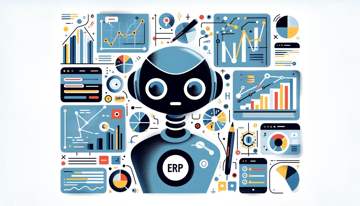 Illustration of a CRM dashboard with an AI chatbot interface showing customer conversations and data analytics