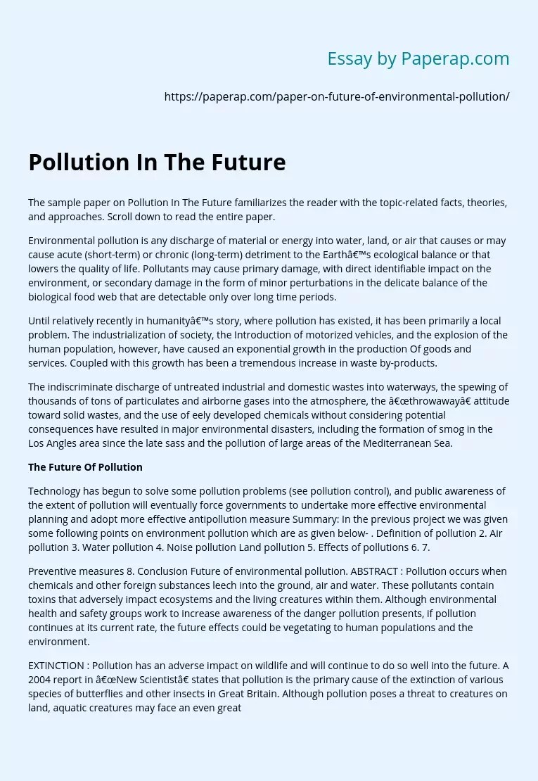 Their daily activities increase carbon emissions which leads to the greenhouse effect . Pollution In The Future Free Essay Example