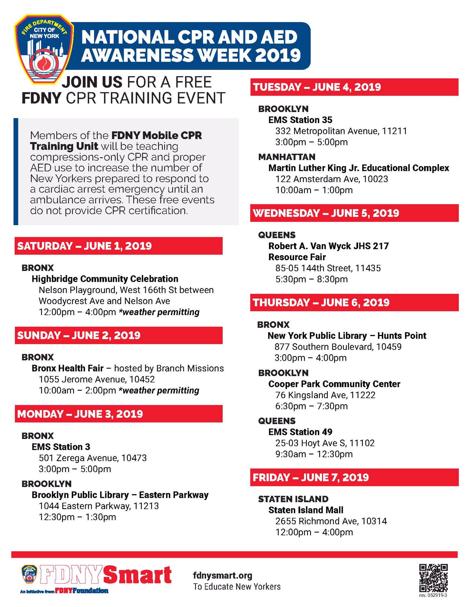 Get red cross training and certification in new york. Fdny On Twitter The Fdny Free Cpr Program Is Offering Free Hands Only Cpr Classes In All 5 Boroughs During National Cpr And Aed Awareness Week See Flyer For Dates And Locations Near