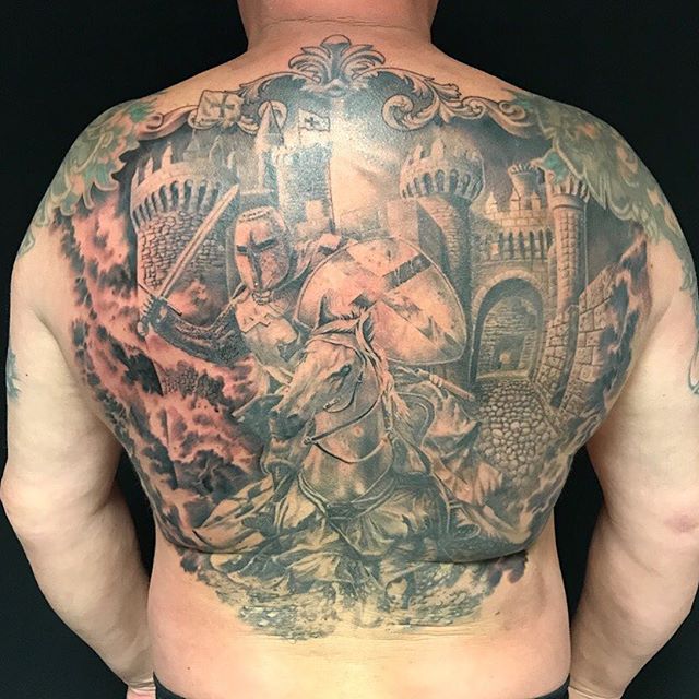 Monumental Ink On Twitter: "Finished Back Piece Done By Mike @Monumentalink Https://T.co/5Xqhslqp89 #Tattoo #Tattooartist #Tattoodesign #Realism #Realistictattoo #Blackandgrey #Backpiece #Knight #Tattooed #Tattoos #Tatts #Blackandgreytattoo #Bng ... 640_x_640_jpg