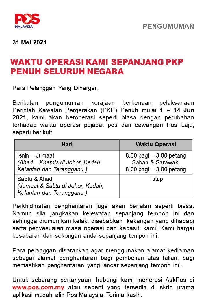 Bagi akaun hire purchase maybank yang penting kena ada maybank2u ok! Pos Malaysia Berhad On Twitter Pengumuman Waktu Operasi Kami Sepanjang Pkp Penuh Seluruh Negara Announcement Our Operating Hours During The Nationwide Fmco Po4you Posmalaysia Https T Co N8hrjrl7e5